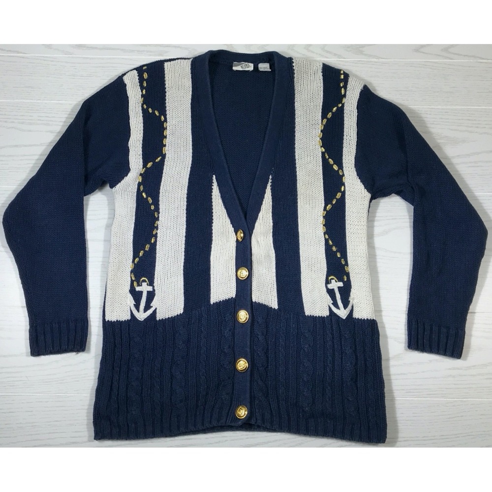 Vintage 80s Nautical Cardigan Sweater Women M Jason Maxwell Button Up V-Neck Mom